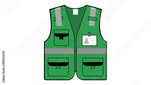 Green safety vest vector icon illustration for construction workers, engineers, and site safety. High visibility reflective vest with pockets and ID card badge, flat minimalist design style.
