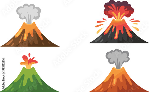 Volcano eruption icon set with lava flow smoke clouds and fire sparks for geology and natural disaster education concept vector illustration isolated on white background.