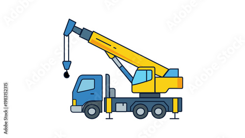 Mobile crane truck vector icon illustration for construction site machinery. Flat minimalist design of a heavy lifting vehicle with telescopic boom, hook, and outriggers. AI-generated scalable art.