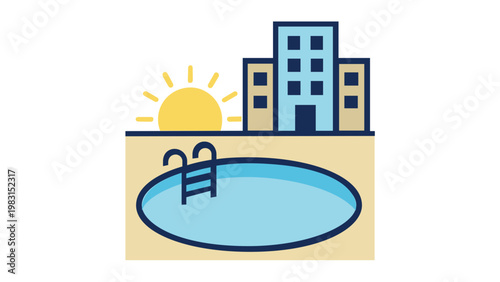 Vibrant modern hotel resort vector icon illustration featuring a luxury building with a swimming pool and rising sun, minimalist flat design for travel, vacation, summer holiday, and leisure.