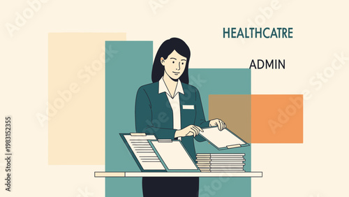 Healthcare administrator organizing documents, modern office, business concept