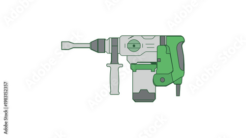 Professional Rotary Hammer Drill and Demolition Power Tool Vector Icon Illustration for Construction, Building Renovation, and Industrial Projects, Flat Minimalist Design on White Background.