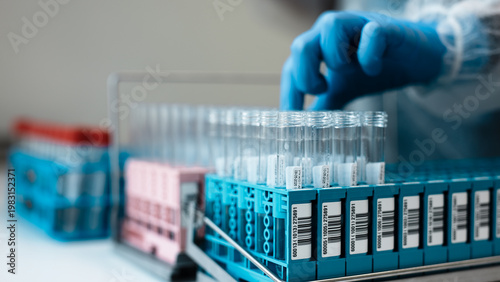 Fotografie Laboratory technician in blue gloves organizes blood test tubes in a rack, showc