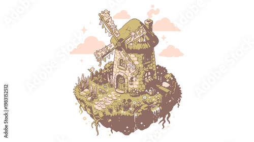 Charming Stone Vector pixel art windmill on Floating Island
