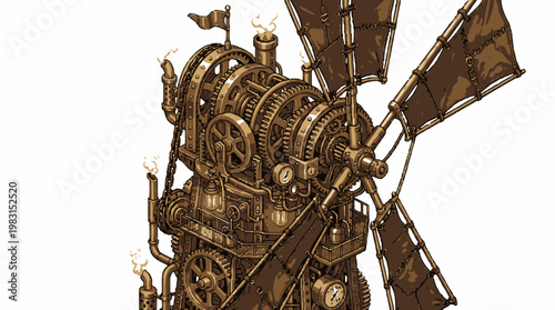 Vector pixel art windmill with Steampunk Brass Gears and Pipes