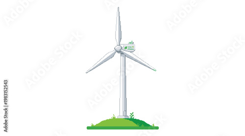 Vector pixel art windmill on a green hill for clean energy