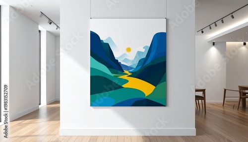 Abstract mountain landscape painting with yellow river and blue sky, wall art
