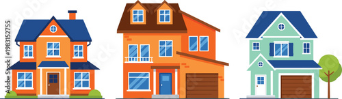 Three diverse residential houses in a row with colorful facades during daytime