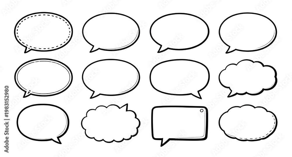 Fototapeta premium speech, bubbles, vector, set, line, simple, outline, chat, message, dialog, communication, minimal, icon, design, thin, clean, speech outline