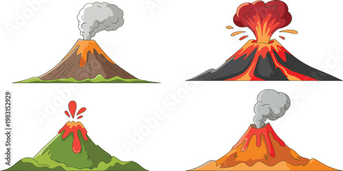 Volcano eruption icon set with lava flow smoke clouds and fire sparks for geology and natural disaster education concept vector illustration isolated on white background.