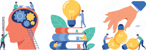 Modern vector illustration showing idea generation learning and growth with characters interacting with brain books and glowing lightbulb icons