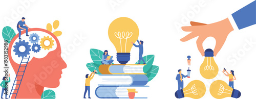 Modern vector illustration showing idea generation learning and growth with characters interacting with brain books and glowing lightbulb icons