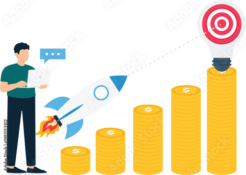 Startup success financial growth business goal rocket launch money stacks investment strategy achievement target digital marketing flat design young entrepreneur future planning reaching goals