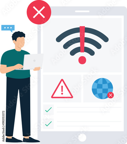 Computer user troubleshooting internet connection network failure digital problem wireless signal issue technical support flat design concept