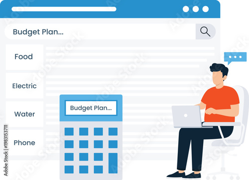 Man budgeting financial planning expense tracking online calculation digital finance money management personal budget utility bills computer screen flat design modern concept business planning