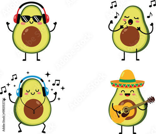 Schilderij op canvas Happy avocado characters dancing and playing guitar with music notes