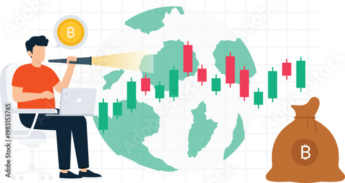 Male investor cryptocurrency trading market forecast global economy financial analysis Bitcoin investment digital currency candlestick pattern future planning money bag