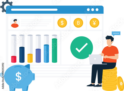Financial planning business analytics investment strategy digital dashboard online trading saving money piggy bank cryptocurrency market data analysis wealth management gold coins stock market