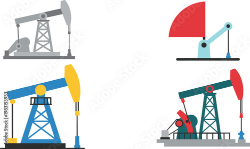 Four colorful oil pumpjack illustrations with simple flat design on white background