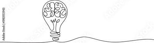 A continuous line drawing shows a lightbulb filled with a human brain, symbolizing creative thought.