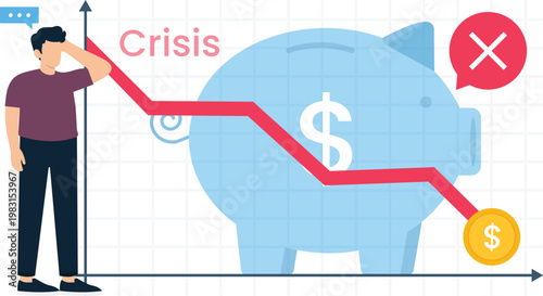 Worried man observing financial crisis graph showing economic recession savings loss piggy bank market crash business failure downward trend debt problems investment risk