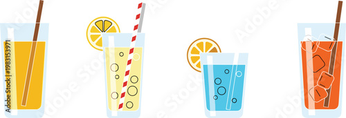 Four refreshing beverages with garnishes and straws in clear glasses isolated on white