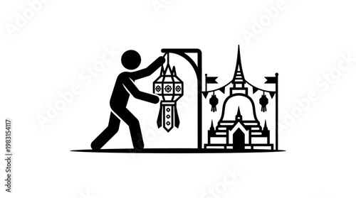 Man Hanging Traditional Lantern at Temple