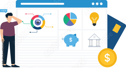 Confused man financial analysis data dashboard budget planning investment strategy economic forecast digital interface business data decision making personal finance