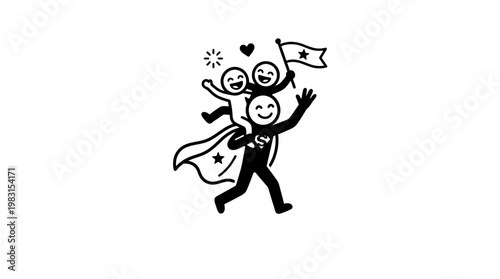 Superhero Father Carries Children Celebrating
