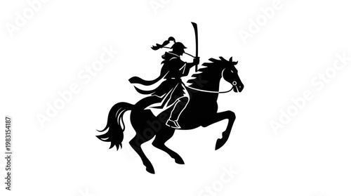 Warrior on Horseback Silhouette with Curved Sword Dynamic Galloping Figure Illustration
