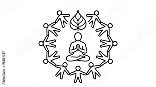 Meditating Figure Surrounded by People Leaf and Connected Hands