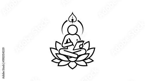Zen Blogger Meditating on Lotus Flower with Tablet