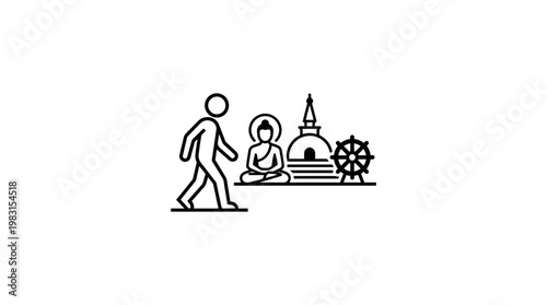 Pilgrim Walking Towards Buddhist Symbols