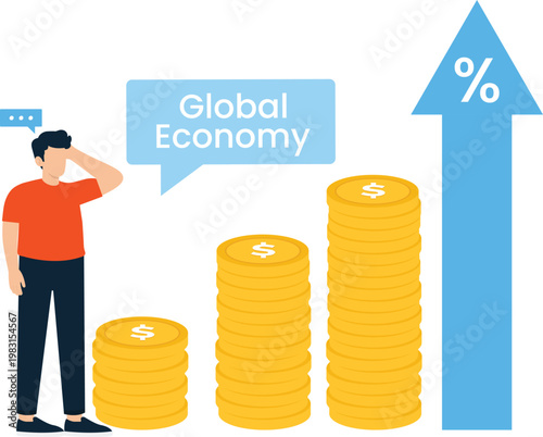 Global economy financial growth rising interest market analysis business success money stacks dollar coins upward arrow percentage rate concerned man economic forecast