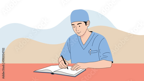 Doctor writing in notebook, medical professional studying, healthcare education, doctor's office scene