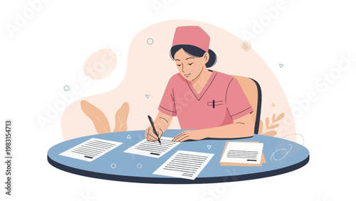 Doctor writing medical records at desk, healthcare concept, flat illustration