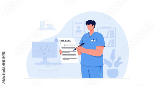 Doctor writing medical notes in clinic with computer and plant