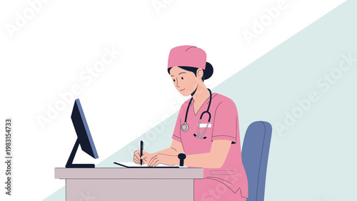Doctor writing notes at desk with computer and stethoscope