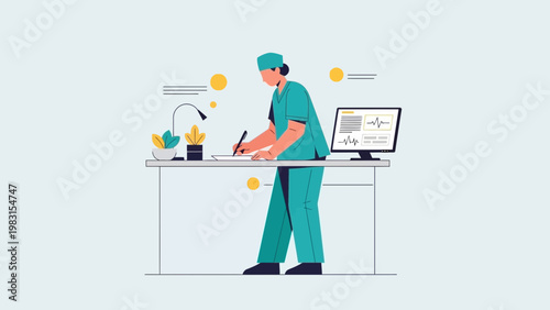 Doctor writing notes at desk with computer and plants, medical illustration