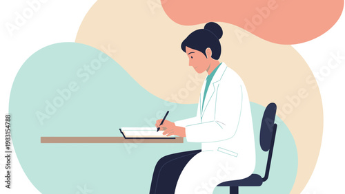 Doctor writing notes at desk, medical consultation, healthcare concept