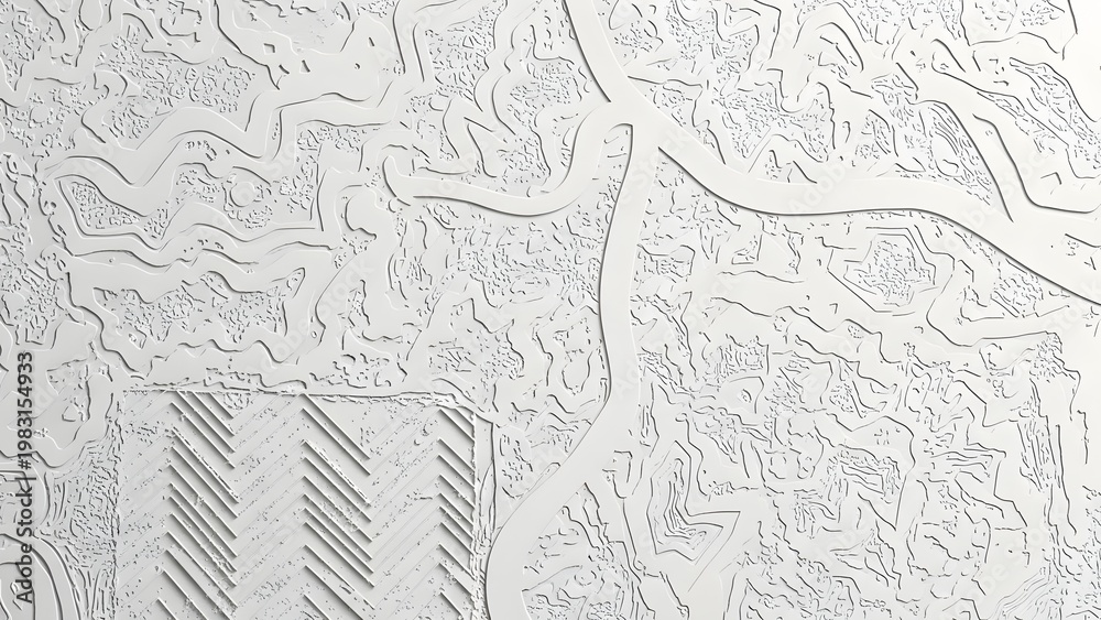 Obraz premium White embossed pattern displays intricate fluid lines and geometric textures on a monochromatic relief surface.