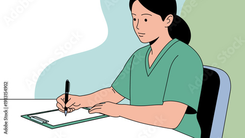 Doctor writing notes on clipboard, healthcare professional at desk, medical illustration