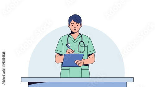 Doctor Writing Notes on Clipboard, Medical Professional with Stethoscope