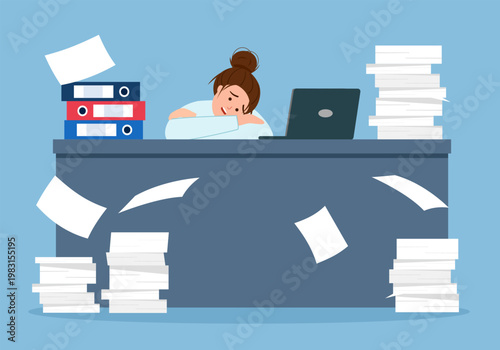 Exhausted employee laying on desk. Woman tired of overworking and overload. Low energy and productivity level due to health problems. Struggle to work.