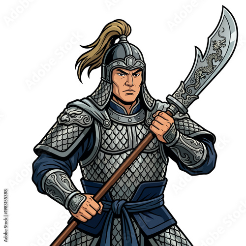 Ancient Asian Warrior Character with Guandao Polearm