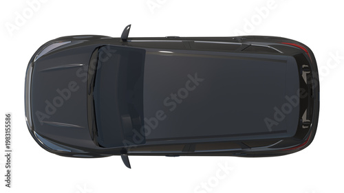 Fotografie Black Compact SUV Top View 3D Render Isolated on White Background