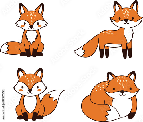 Cute cartoon foxes in various playful poses on a white background