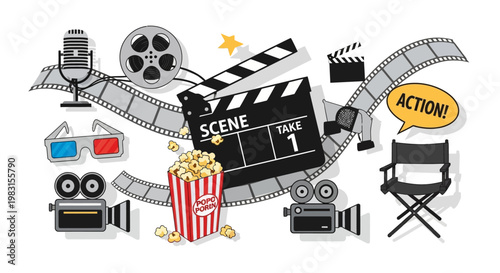 Movies create excitement with various symbols of the film production.