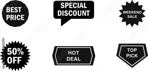 Collection of six black sale badges and labels including best price special discount and hot deal on transparent