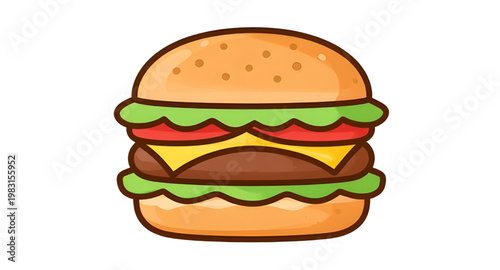 hamburger isolated on white background vector illustration, juicy cheeseburger isolated with sesame bun and fresh ingredients, realistic hamburger illustration with beef patty lettuce and tomato, fast
